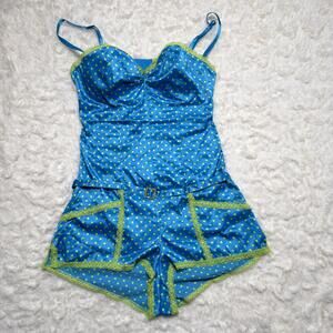 Victoria's Secret Sexy Little Things Y2K Blue Lime Polka Dot Satin  Romper 36B
